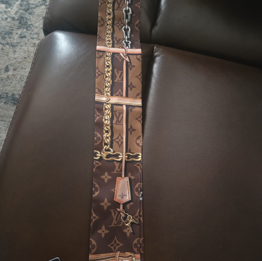Louis Vuitton Brown and Gold Monogram Silk Twilly Scarf - Picture 3 of 5